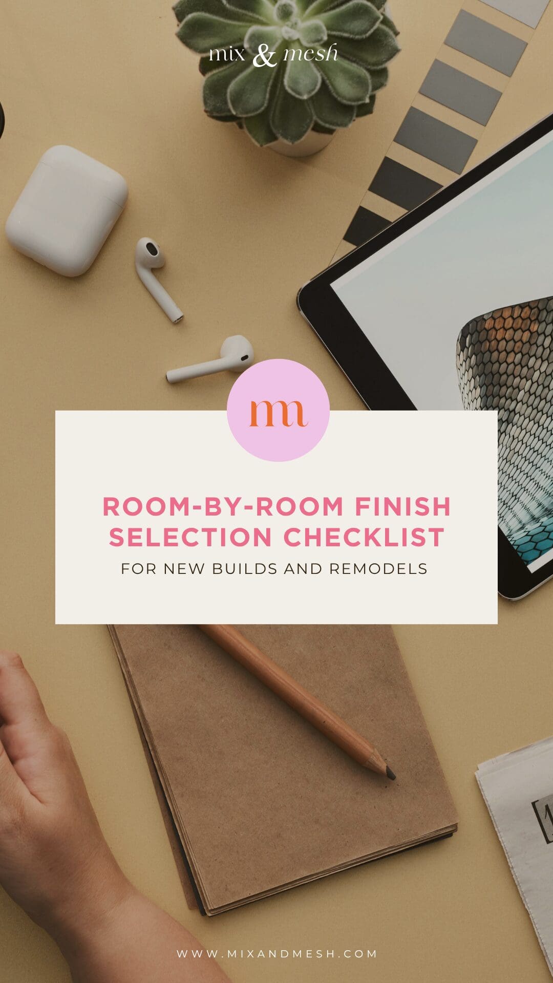 flatlay of design tools, swatches, and notepad for project planning